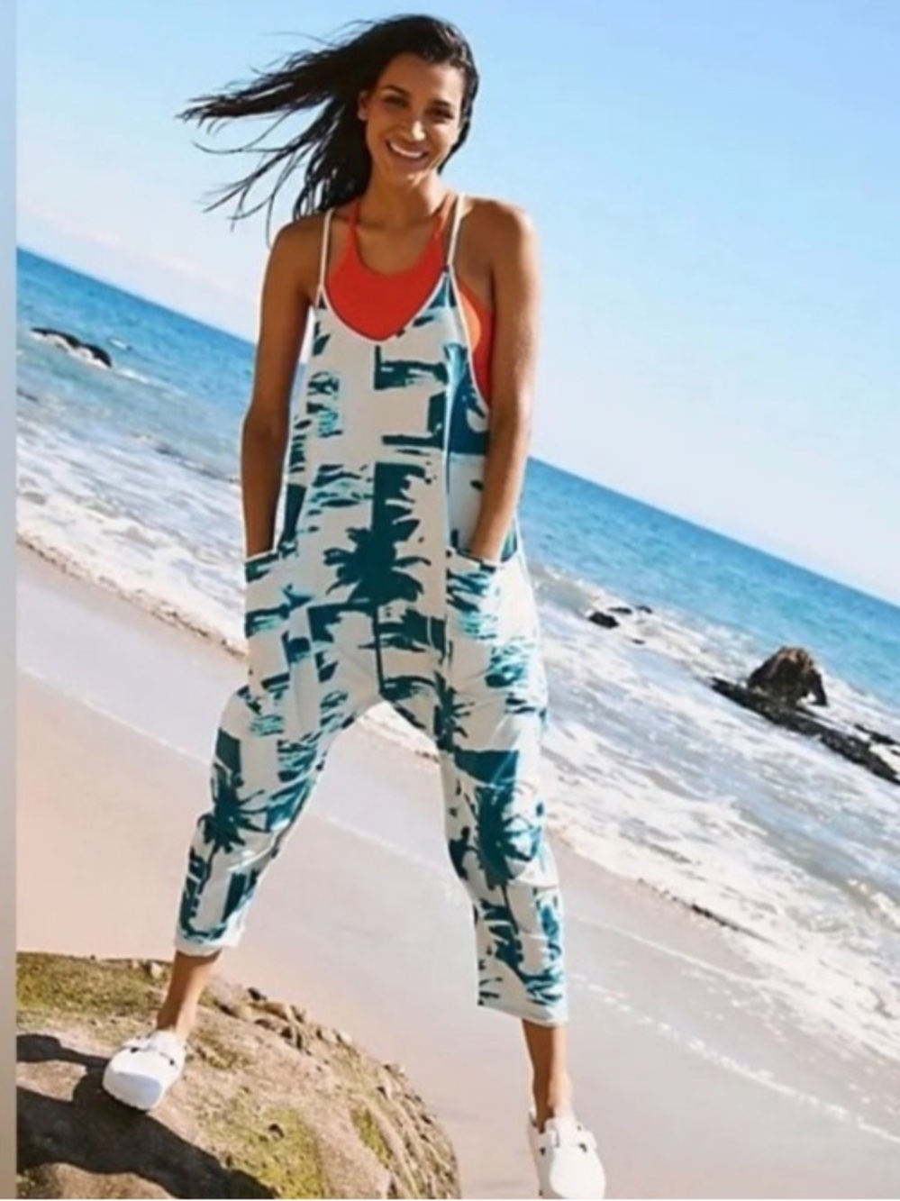 *FREE PEOPLE Movement Printed Hot Shot Onesie in Palmy Beach Night Green